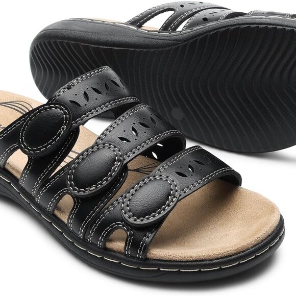 Women's Faux Leather Slide Sandals Casual Comfortable Arch Support Flat - Picture 4 of 8